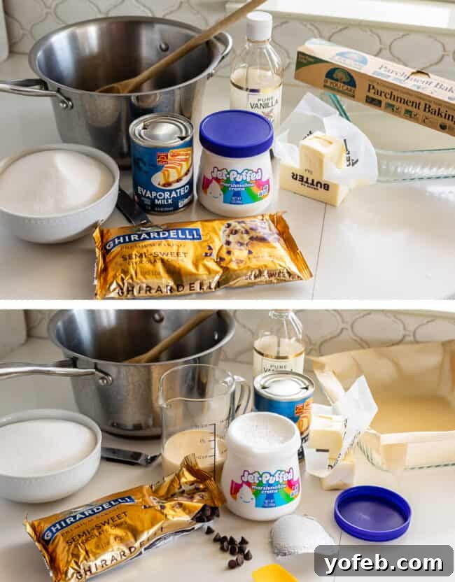 Mom's Effortless Fudge 9 All ingredients for fudge laid out on a white counter, with some lids off and items pre-measured, ready for immediate use.