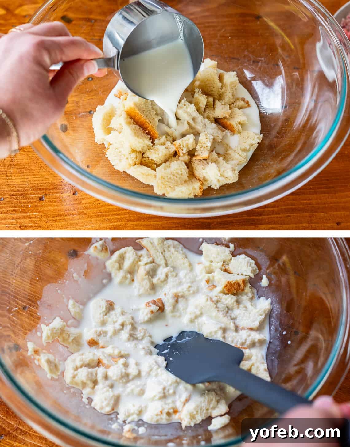 Grandma Prudy's Timeless Swedish Meatballs 11 Top image shows milk being poured over torn white bread in a bowl. Bottom image shows the milk and bread being mixed together into a mush, crucial for tender meatballs.