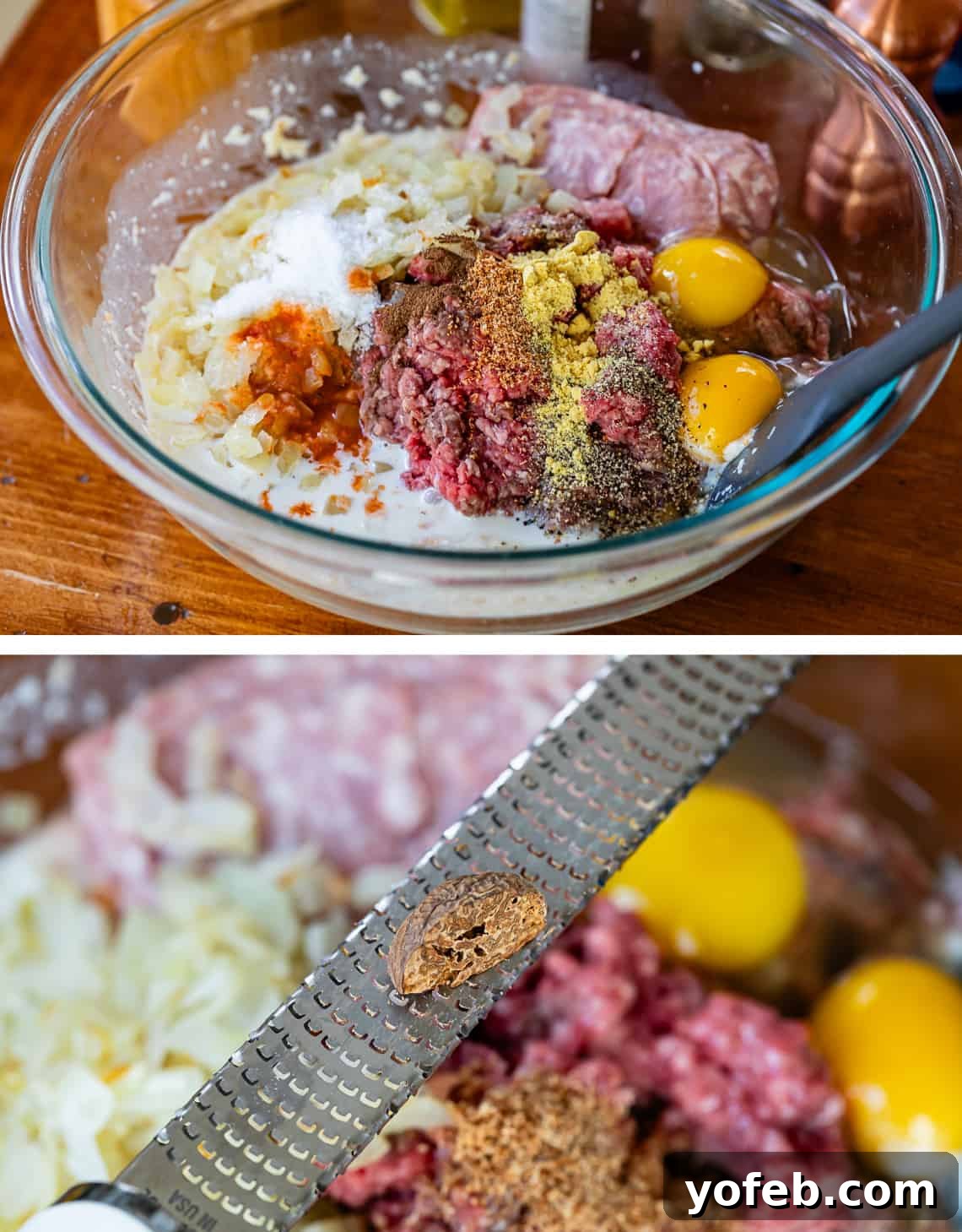Grandma Prudy's Timeless Swedish Meatballs 13 Top image shows all meatball ingredients gathered in a glass bowl. Bottom image captures a microplane grating fresh nutmeg, highlighting its aromatic contribution.