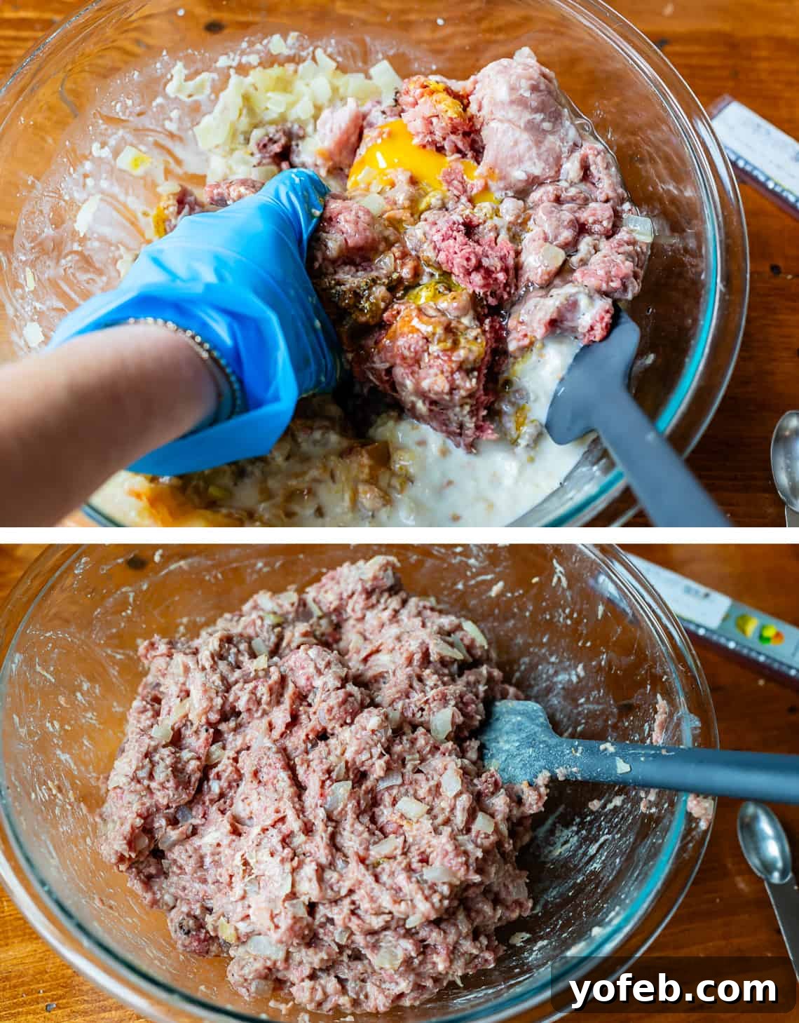 Grandma Prudy's Timeless Swedish Meatballs 14 Top image shows a hand in a blue disposable glove thoroughly mixing meatball ingredients in a bowl. Bottom image shows the perfectly combined meatball mixture.