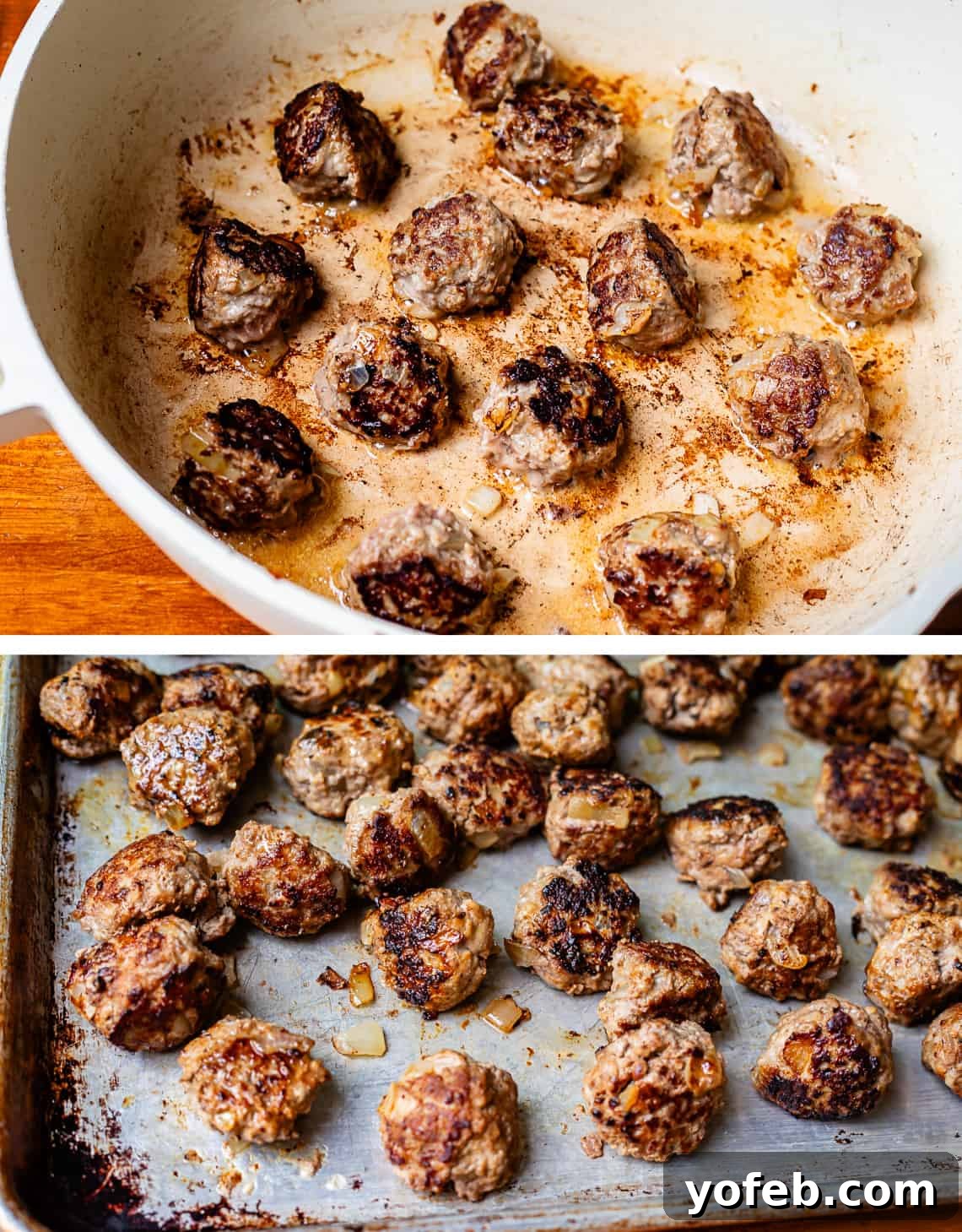 Grandma Prudy's Timeless Swedish Meatballs 16 Top image shows meatballs frying in a large skillet, sizzling and browning. Bottom image shows the fried meatballs transferred to a baking sheet, ready for the next step.