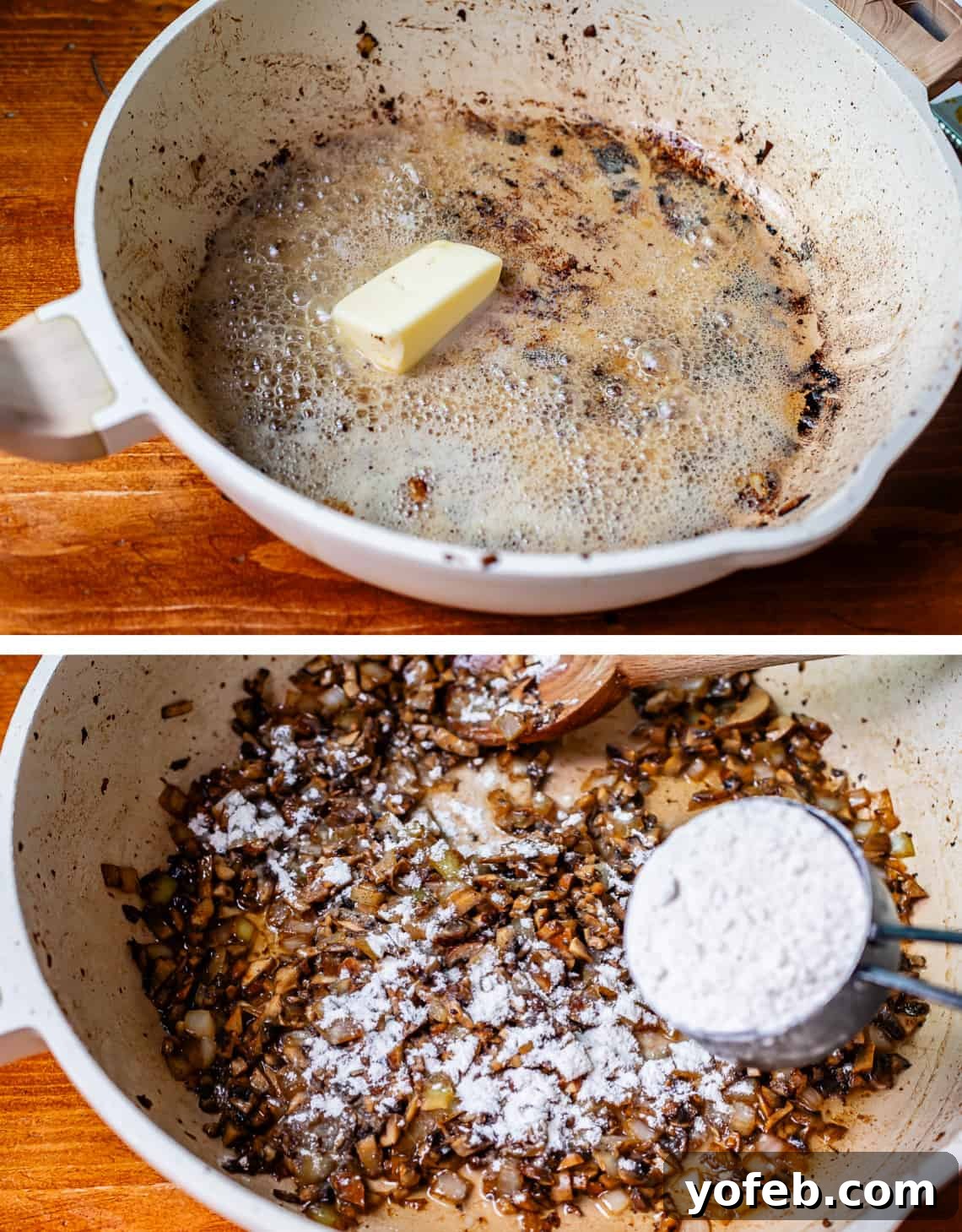Grandma Prudy's Timeless Swedish Meatballs 18 Top image shows a stick of butter melting into the flavorful meatball drippings in a skillet. Bottom image shows flour being sprinkled over the butter, onions, and mushrooms to create a roux.