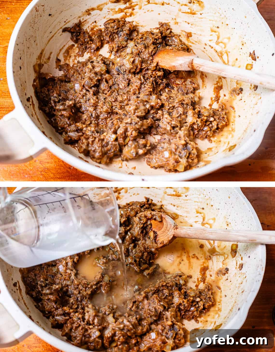 Grandma Prudy's Timeless Swedish Meatballs 19 Top image shows the thick roux mixture of butter, onions, mushrooms, and flour in the skillet. Bottom image shows water being poured in gradually to transform the roux into a smooth gravy.
