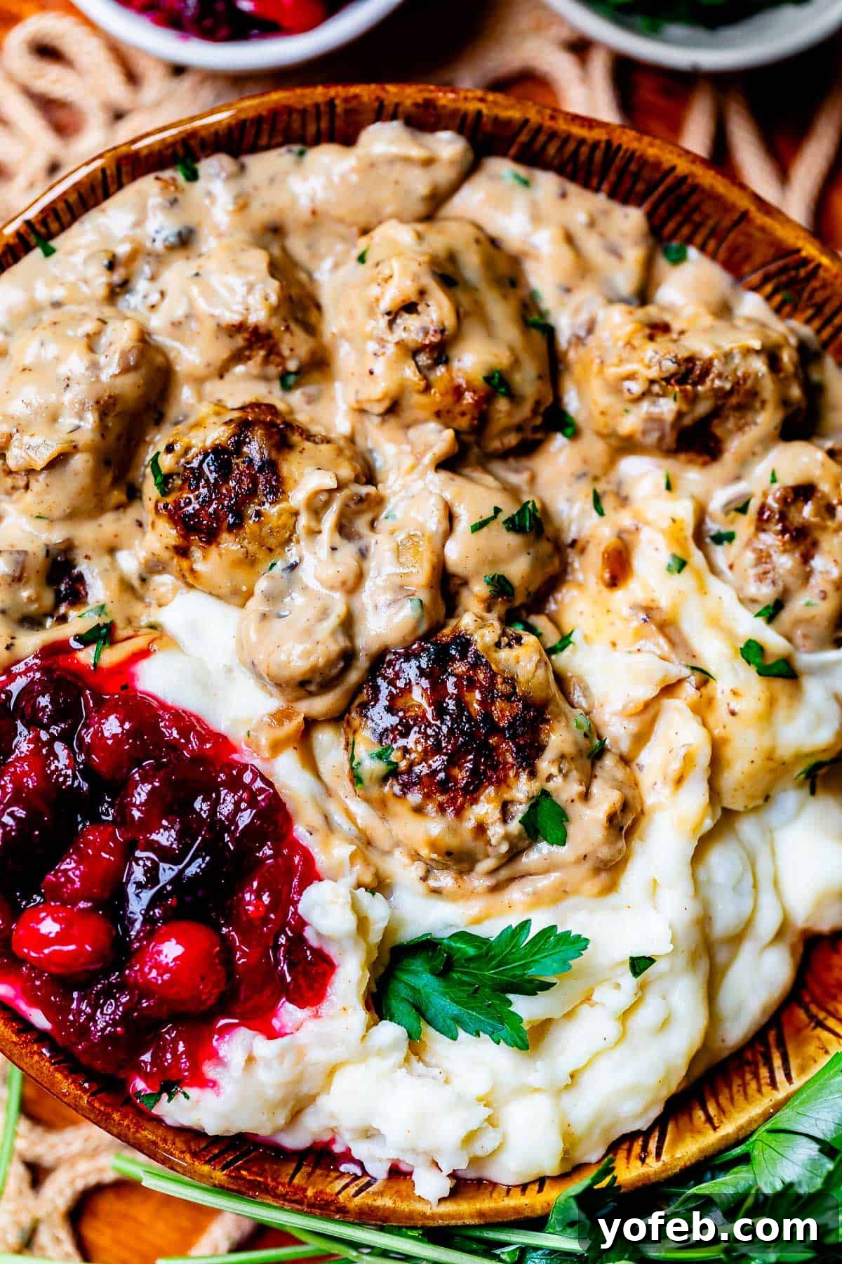 Grandma Prudy's Timeless Swedish Meatballs 3 A beautifully plated dish featuring creamy mashed potatoes, saucy Swedish Meatballs, and vibrant cranberry sauce, ready to be enjoyed.