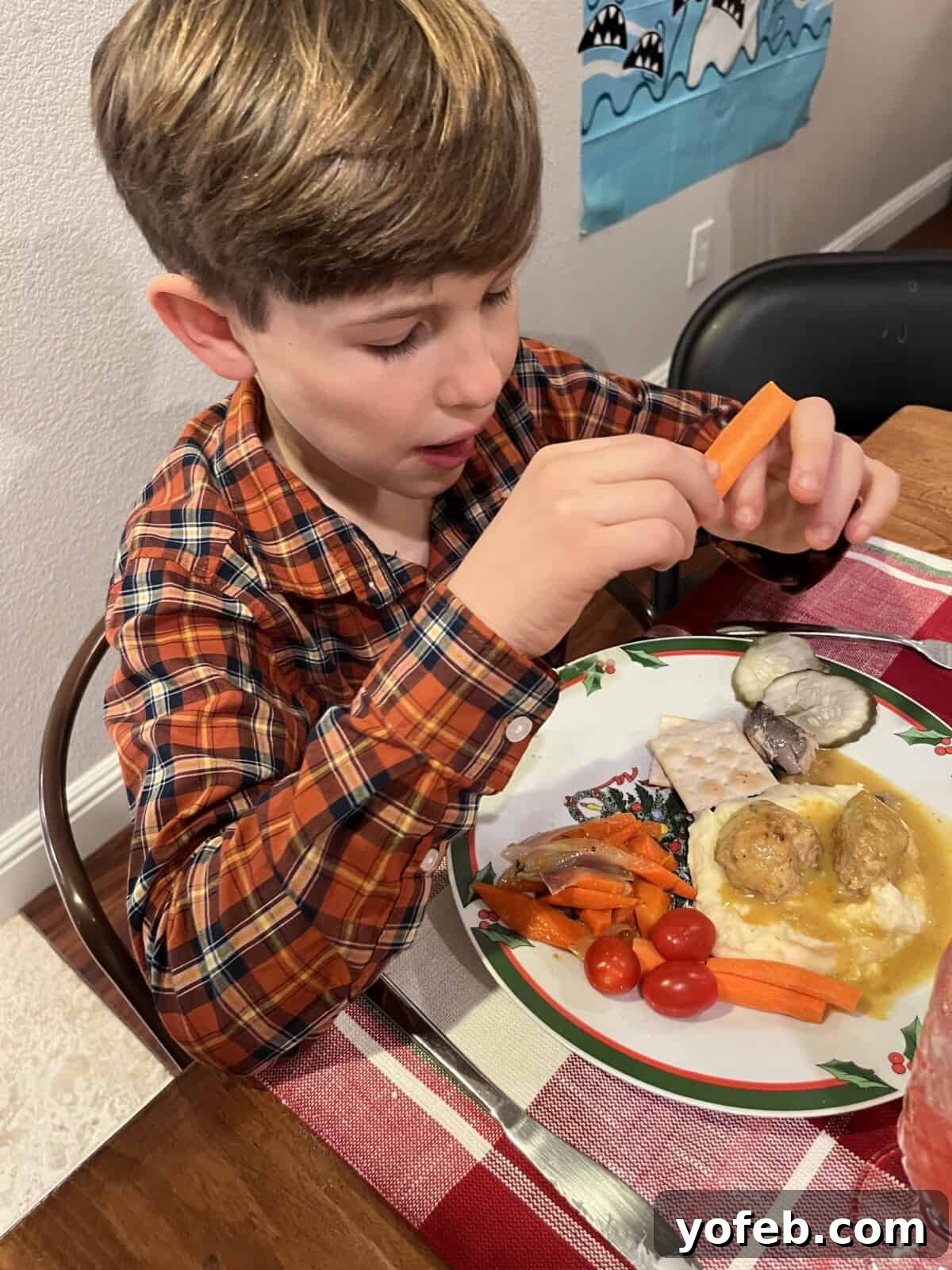 Grandma Prudy's Timeless Swedish Meatballs 5 A young boy, Truman, enjoying a plate filled with meatballs and carrots during the family meal.