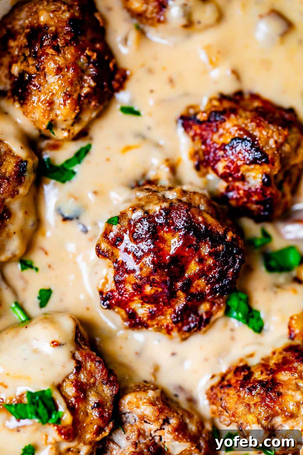 Grandma Prudy's Timeless Swedish Meatballs 8 A mouthwatering close-up of three tender Swedish Meatballs nestled in a rich, delicious creamy brown sauce, inviting you to take a bite.