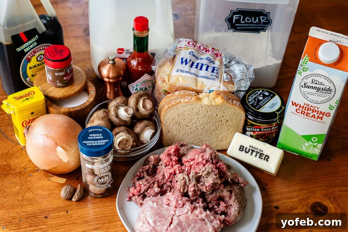 Grandma Prudy's Timeless Swedish Meatballs 9 All the fresh ingredients meticulously laid out for Swedish Meatballs, including ground pork, ground beef, white bread, milk, nutmeg, and more.