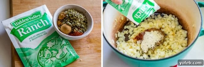 Effortless Creamy White Chicken Chili 12 Dry ranch seasoning packet and a bowl of other spices on a counter, with the ranch being added to sautéed onions in a pot.