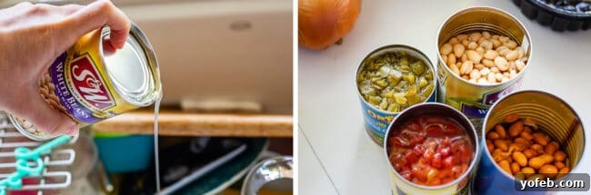 Effortless Creamy White Chicken Chili 13 Images showing the process of draining a can of beans, followed by open cans of chilies, tomatoes, and beans on a counter.