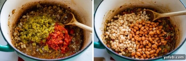 Effortless Creamy White Chicken Chili 14 Diced green chilies and tomatoes being added to a pot of onions and spices, then beans being added to the same pot.