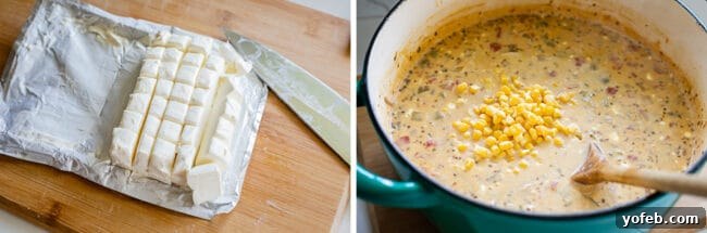 Effortless Creamy White Chicken Chili 16 Chopped cream cheese cubes and frozen corn being added to a simmering pot of chili.