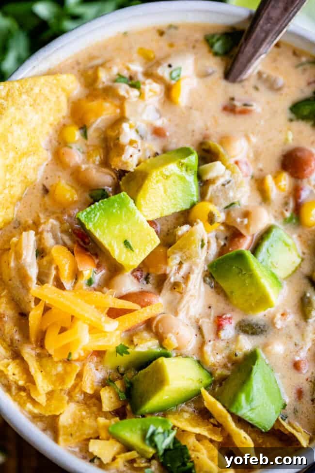 Effortless Creamy White Chicken Chili 18 Close-up of easy white chicken chili in a bowl, garnished with tortilla chips and avocado slices.
