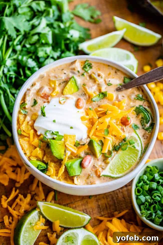 Effortless Creamy White Chicken Chili 20 Best white chicken chili in a white bowl, elegantly garnished with fresh cilantro.