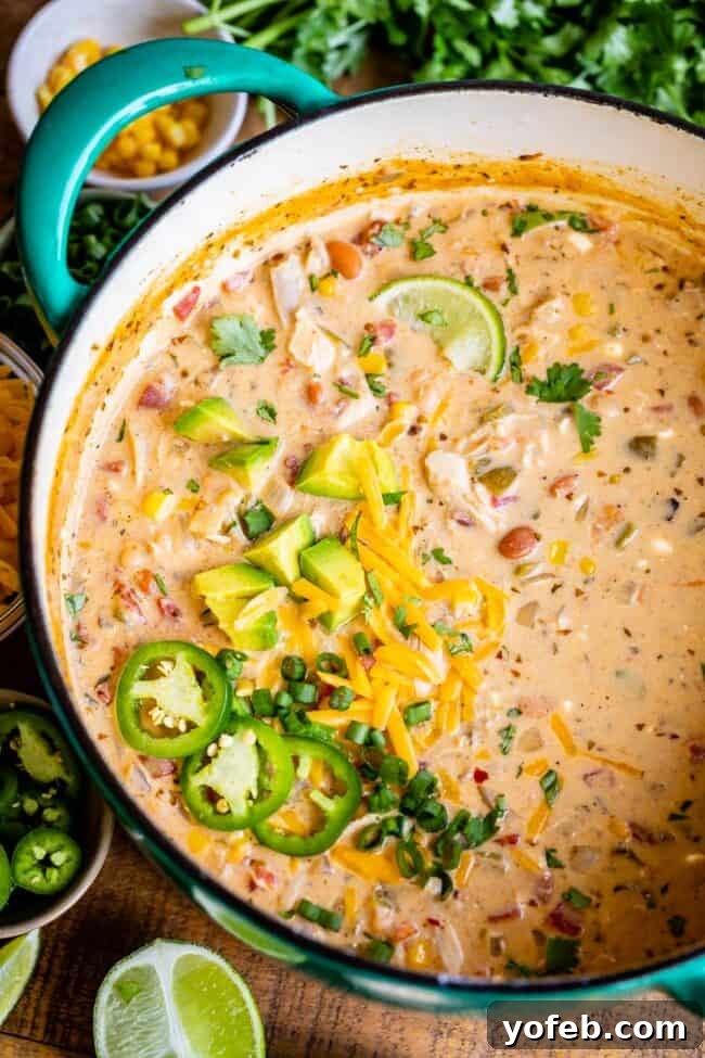 Effortless Creamy White Chicken Chili 4 Close-up of creamy white chicken chili in a pot, ready to be served with jalapeños and cheese.