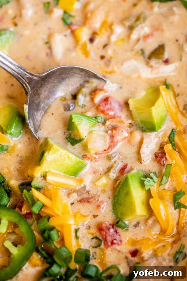 Effortless Creamy White Chicken Chili 5 A spoon dipping into a bowl of creamy white chicken chili, highlighting its rich texture.