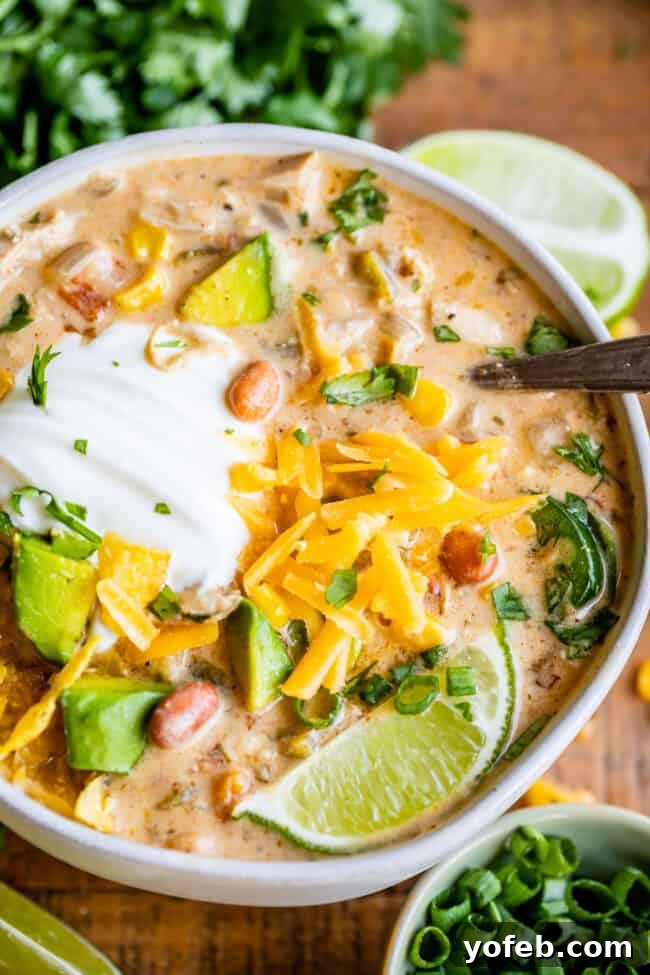 Effortless Creamy White Chicken Chili 7 Large bowl of creamy white chicken chili with a generous dollop of sour cream and a lime wedge.