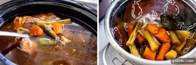 Slow Cooker Pork Ramen Deep Flavor Zero Fuss 11 spoon lifting vegetables from a crock pot full of broth, the discarded veggies in a colander