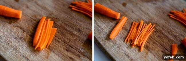 Slow Cooker Pork Ramen Deep Flavor Zero Fuss 15 how to cut carrots into matchsticks, on a wooden cutting board