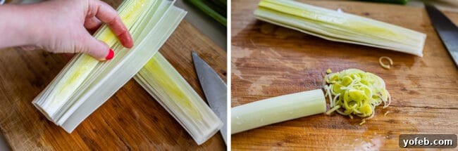 Slow Cooker Pork Ramen Deep Flavor Zero Fuss 16 showing the layers of leeks in hand, and chopping leeks on a cutting board