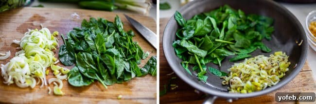 Slow Cooker Pork Ramen Deep Flavor Zero Fuss 17 chopped leeks and spinach on a cutting board, then in a saute pan
