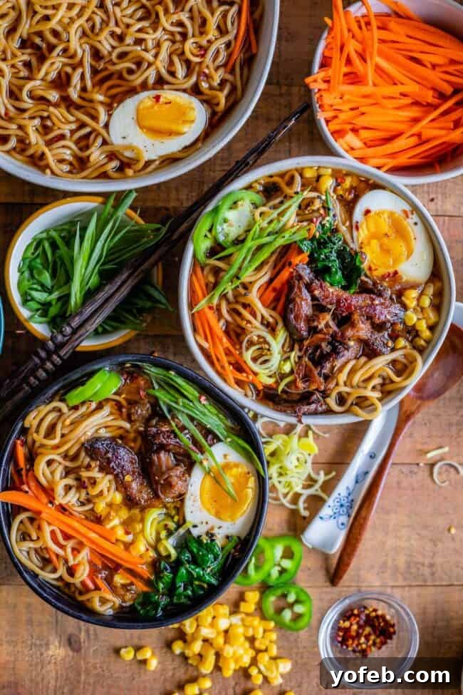 Slow Cooker Pork Ramen Deep Flavor Zero Fuss 3 overhead shot of two bowls of pork ramen