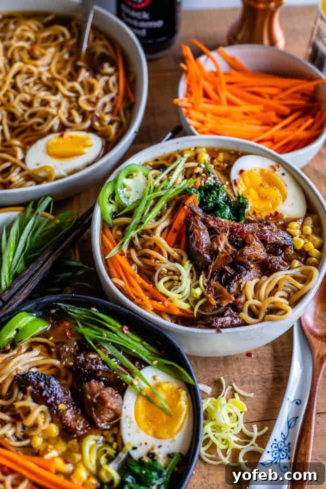 Slow Cooker Pork Ramen Deep Flavor Zero Fuss 5 pork ramen broth in a bowl with carrots, pork, egg, and 2 other bowls of ramen nearby