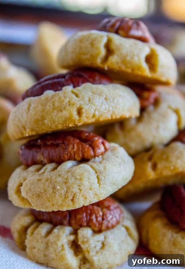 Artfully stacked butter pecan cookies, highlighting their uniform size and inviting appearance.