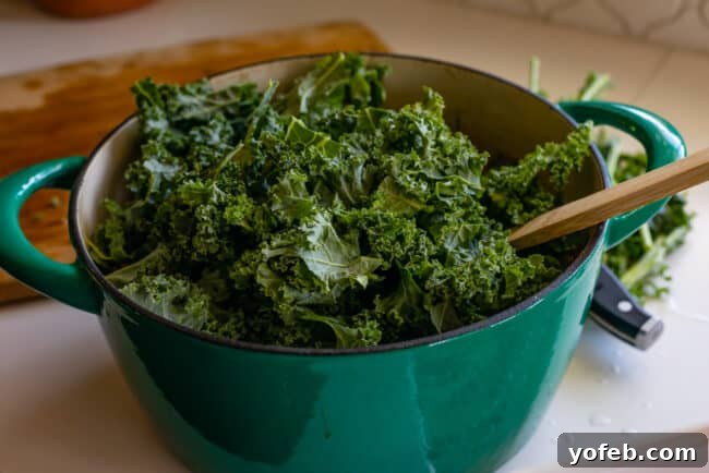 Hearty Sausage and Kale Soup 2 A large amount of kale being added to a teal pot of simmering Zuppa Toscana.