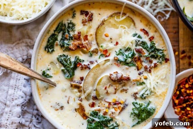 Overhead Shot of Creamy Zuppa Toscana Zuppa Toscana copycat recipe in a white bowl, viewed from directly above, showing all ingredients.