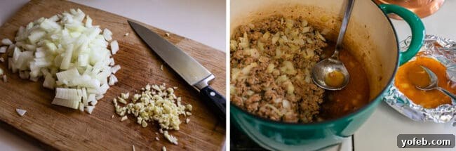 Prep and Cook: Zuppa Toscana Basics Chopping onions for Zuppa Toscana and draining cooked Italian sausage.
