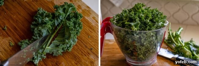 Prepping Kale for Zuppa Toscana Destemming fresh kale and measuring chopped kale for soup preparation.