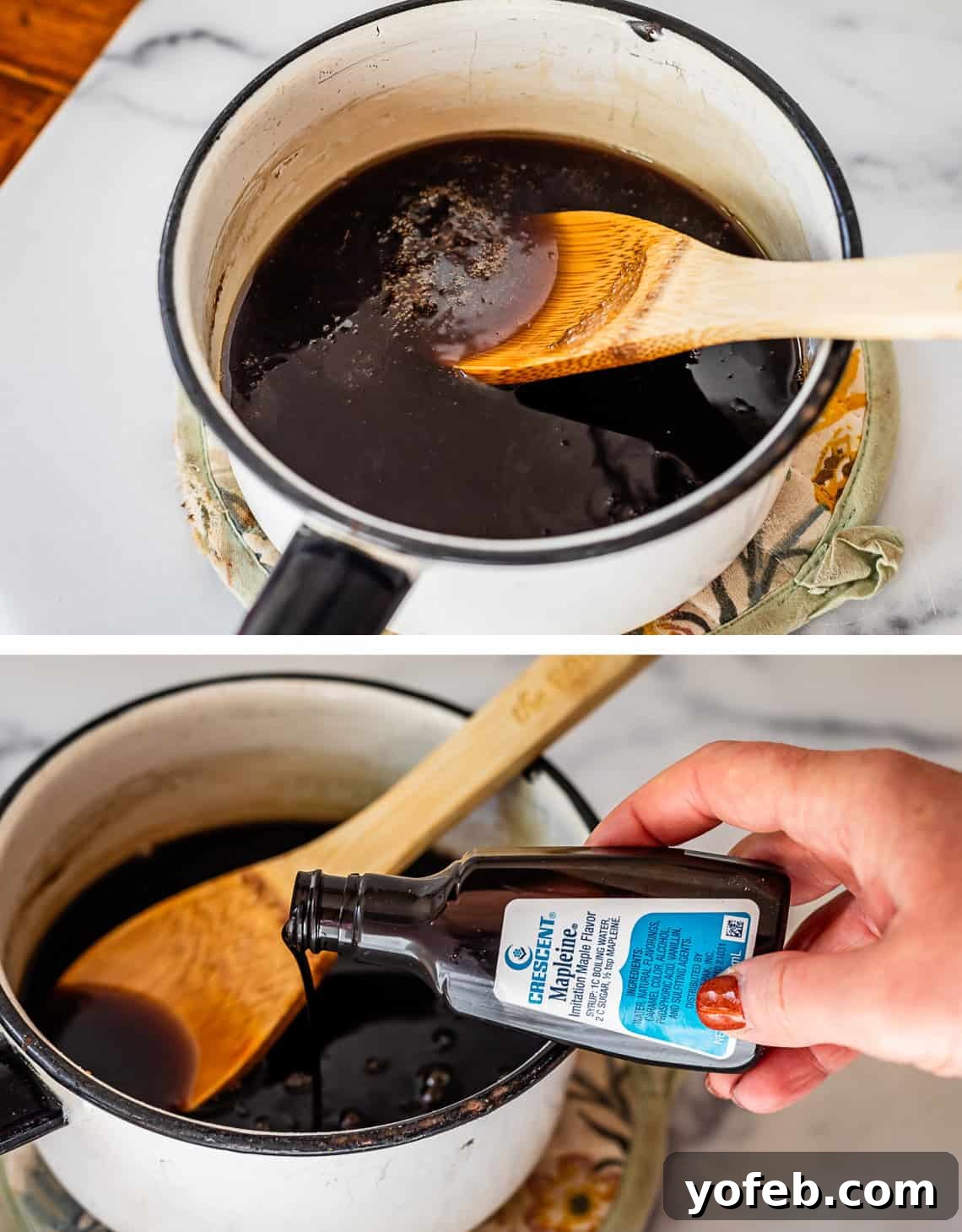 Effortless Homemade Maple Syrup 7 A bottle of imitation maple flavoring being poured into a pan of simmering sugars and water, enriching the homemade syrup mixture.