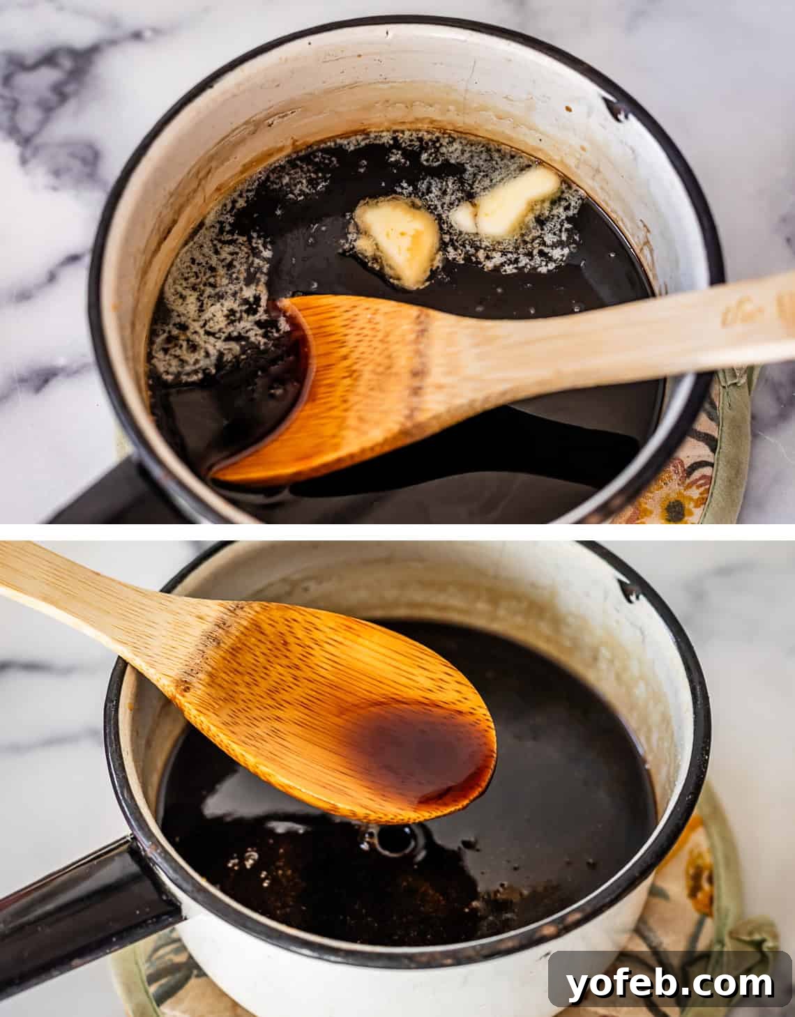 Effortless Homemade Maple Syrup 8 A wooden spoon stirring warm, rich syrup inside a pot, after a knob of butter has been added, enhancing its flavor and texture.