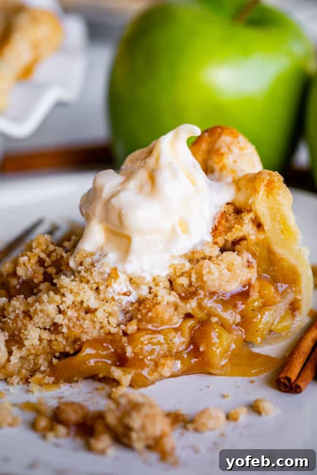 The Ultimate Dutch Apple Pie 11 A delectable slice of Dutch apple pie, adorned with cinnamon sticks and a scoop of vanilla ice cream, on a pristine white plate.