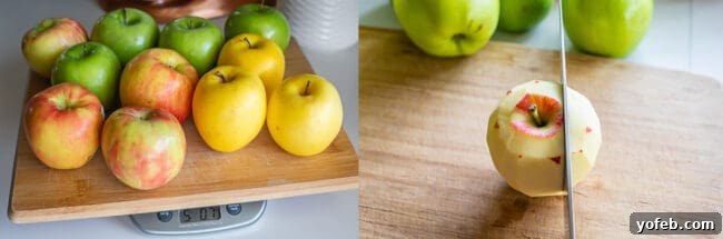 The Ultimate Dutch Apple Pie 13 Five pounds of various apples perfectly arranged on a cutting board, being weighed on a kitchen scale.