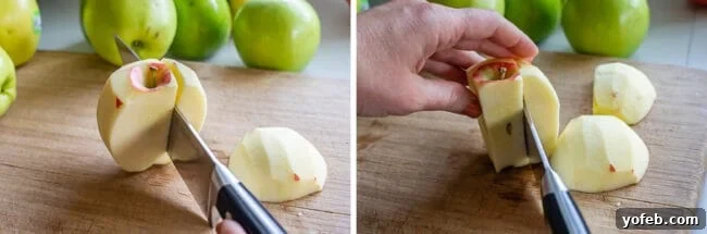 The Ultimate Dutch Apple Pie 14 An experienced hand expertly slicing apples with a chef's knife on a rustic wooden cutting board, preparing them for the pie filling.