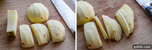 The Ultimate Dutch Apple Pie 15 Apples being precisely sliced into 1/8-inch pieces using a chef's knife on a wooden cutting board, ideal for pie filling.