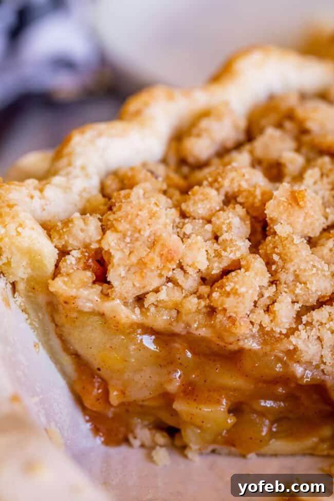 The Ultimate Dutch Apple Pie 3 A whole Dutch apple pie with a golden crumb topping sits in a white ceramic pie plate, ready to be sliced.