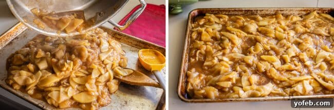 The Ultimate Dutch Apple Pie 20 Hot apple pie filling is carefully poured onto a sheet pan and spread evenly to the edges, preparing it for quick chilling.