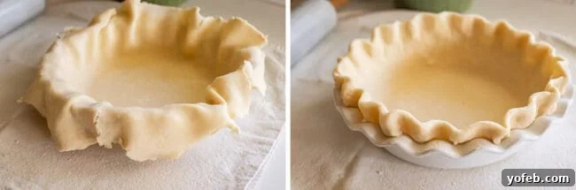The Ultimate Dutch Apple Pie 21 A loose pie crust is gently placed into a pie pan, then meticulously crimped around the edges, ready for chilling.