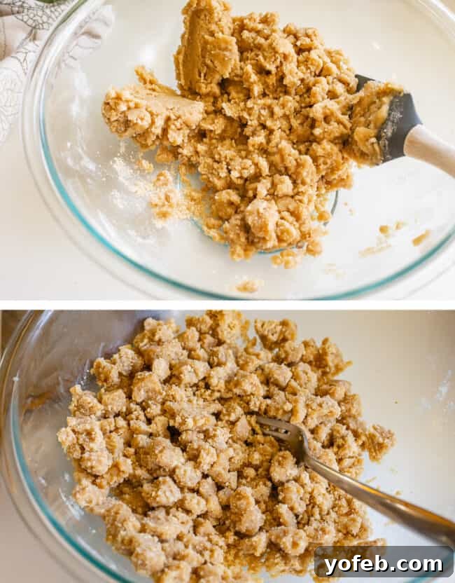 The Ultimate Dutch Apple Pie 24 A two-part image showing streusel topping being mixed in a glass bowl, followed by a close-up of the chilled mixture being broken up with a fork, ready for pie.