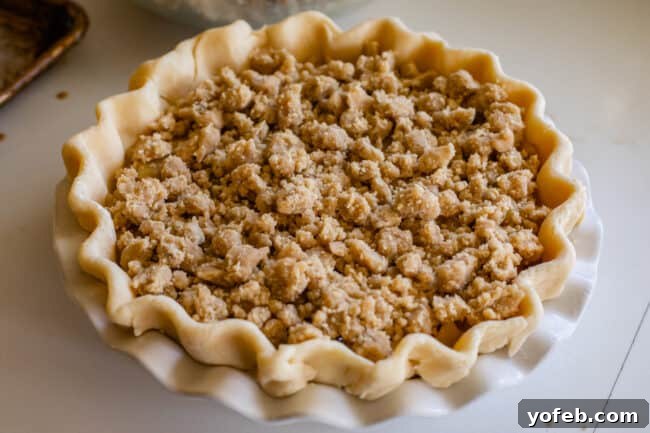 The Ultimate Dutch Apple Pie 26 An uncooked Dutch apple pie, meticulously assembled and topped with a layer of streusel, poised and ready to be baked in the oven.