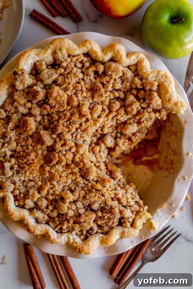 The Ultimate Dutch Apple Pie 4 A delicious Dutch apple pie in a white pie plate with a large slice already removed, showcasing the thick apple filling and crunchy streusel.