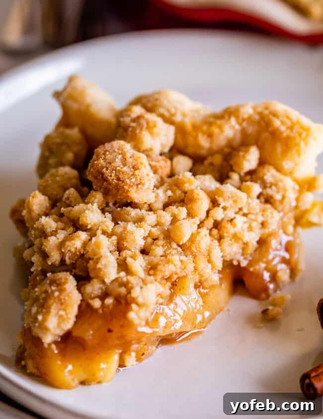 The Ultimate Dutch Apple Pie 29 A single slice of Dutch apple pie, perfectly portioned and ready to be enjoyed, presented on a minimalist white plate.