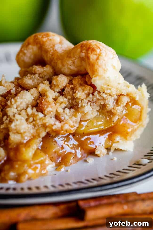 The Ultimate Dutch Apple Pie 7 A inviting slice of crumble-top Dutch apple pie, perfectly portioned on a white plate, showcasing the rich filling and golden streusel.