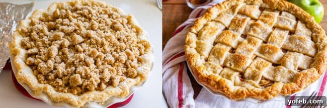 The Ultimate Dutch Apple Pie 8 A side-by-side comparison of Dutch Apple Pie with a crumb topping on the left, and a traditional lattice-crust apple pie on the right.