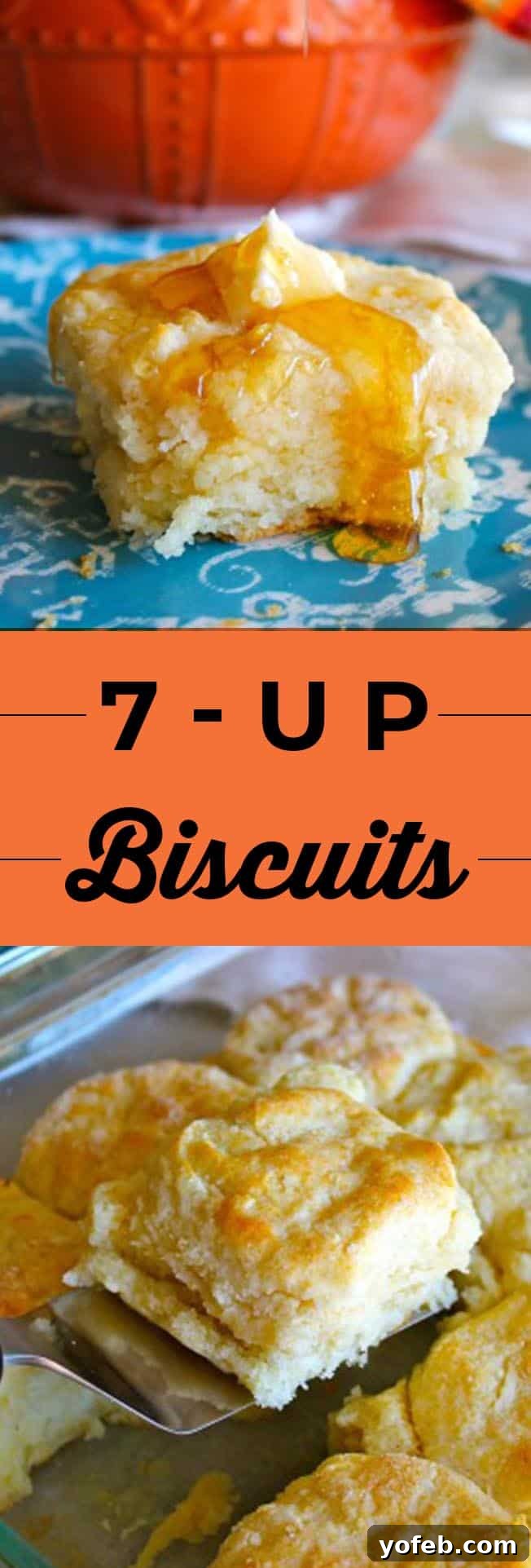 7Up Biscuits from The Food Charlatan: Your new favorite easy biscuit recipe! Close-up of golden brown 7Up biscuits stacked, drizzled with honey