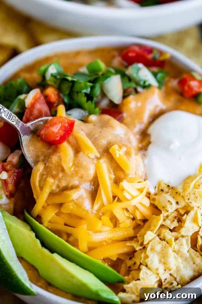 Creamy Chicken Enchilada Soup (Chili's Copycat Recipe) from The Food Charlatan. This dreamy Creamy Chicken Enchilada Soup tastes like the kind at Chili's, only better! It is a simple soup that has a unique flavor thanks to Masa Harina (corn flour). There are no veggies in the soup; instead you make Pico de Gallo and serve it as a generous topping! It's one of my all time favorite soups! #chicken #dinner #recipe #easy #enchilada #enchiladasoup #chickensoup #creamy #cheesy #stovetop #Chilis chicken enchilada soup garnished with cheese, chips, avocado, sour cream, and pico de gallo.