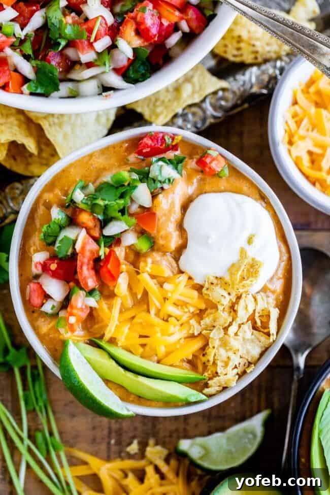 Creamy Chicken Enchilada Soup (Chili's Copycat Recipe) from The Food Charlatan. This dreamy Creamy Chicken Enchilada Soup tastes like the kind at Chili's, only better! It is a simple soup that has a unique flavor thanks to Masa Harina (corn flour). There are no veggies in the soup; instead you make Pico de Gallo and serve it as a generous topping! It's one of my all time favorite soups! #chicken #dinner #recipe #easy #enchilada #enchiladasoup #chickensoup #creamy #cheesy #stovetop #Chilis a bowl of chicken enchilada soup garnished with cheese, sour cream, tortilla chips, avocado, and pico de gallo.