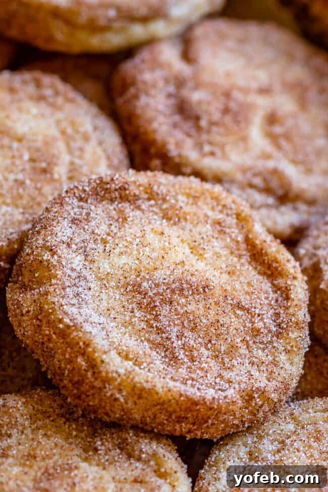 A stack of perfectly soft and chewy Snickerdoodle cookies arranged on a baking sheet, ready to be enjoyed.